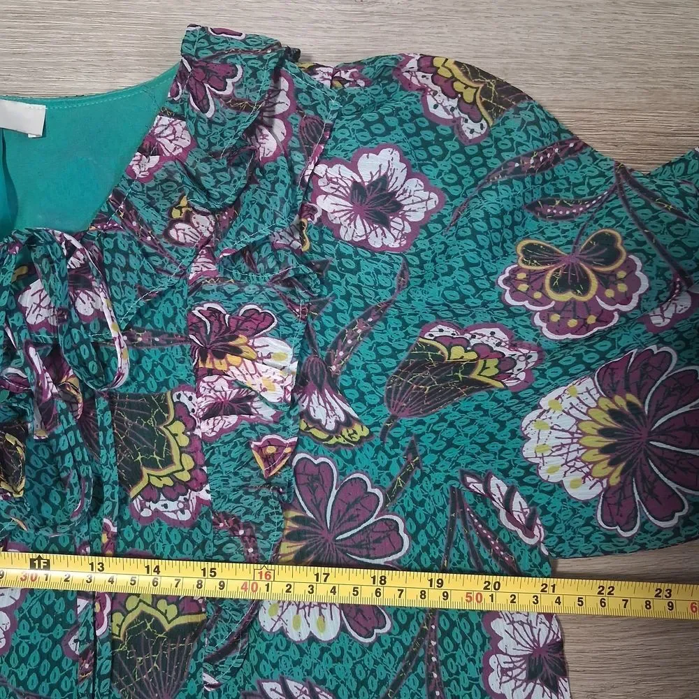 Green Floral Ruffle-Trim Women's Blouse puff sleeve